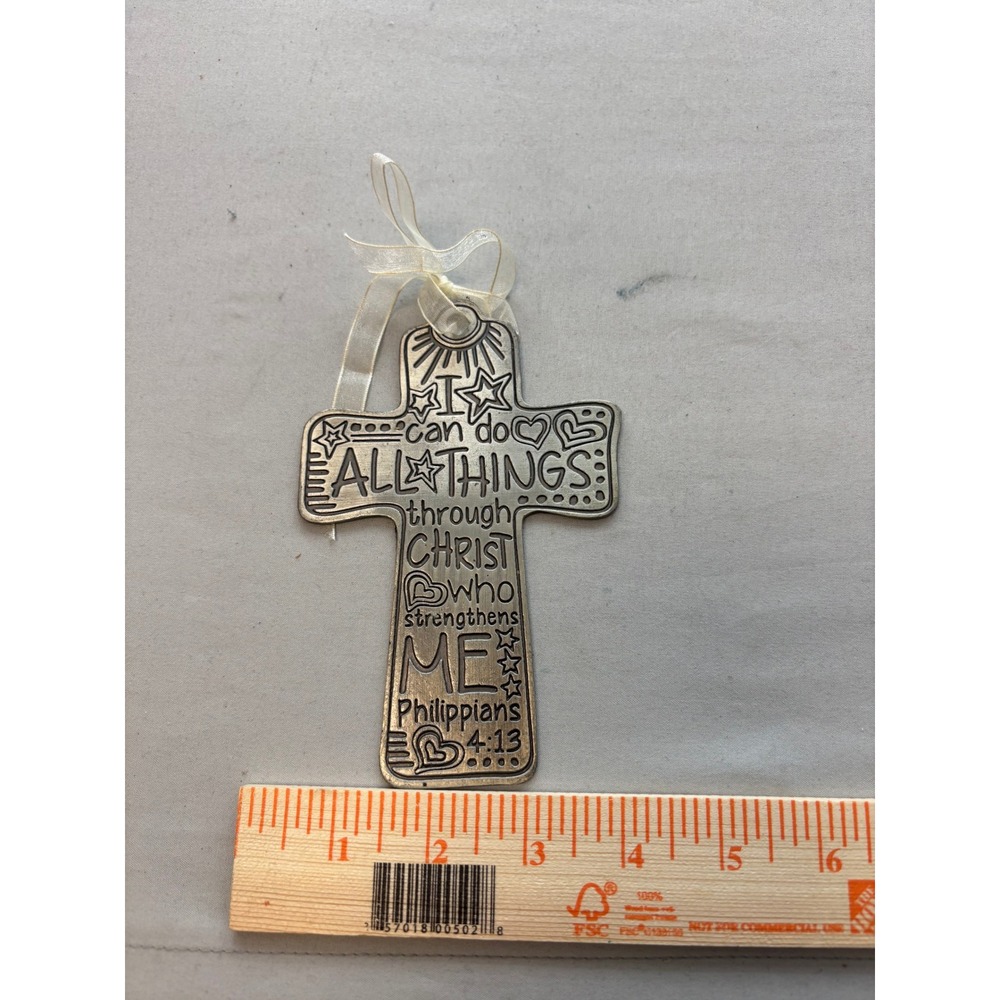 Philippians 4:13 Bible Verse Metal Cross Ornament Silver Tone Religious Decor